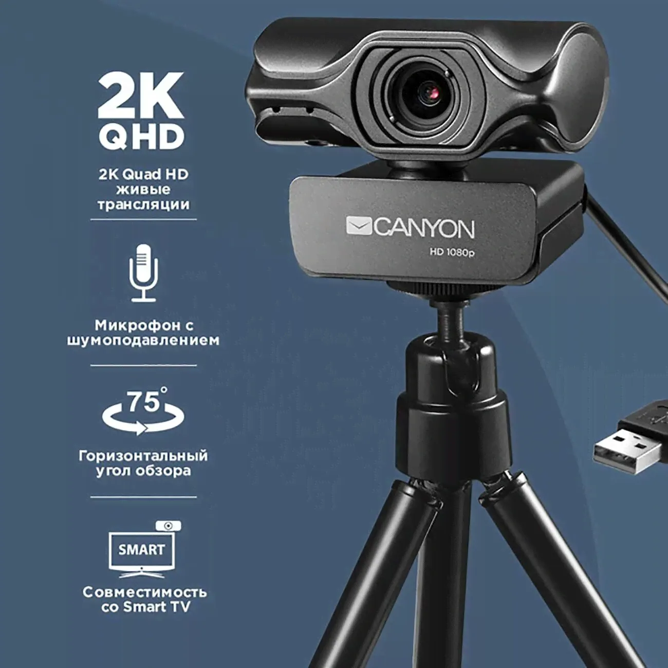 Canyon Web-камера для компьютеров Canyon C6 со штативом 2K Quad HD черный web-камера-1