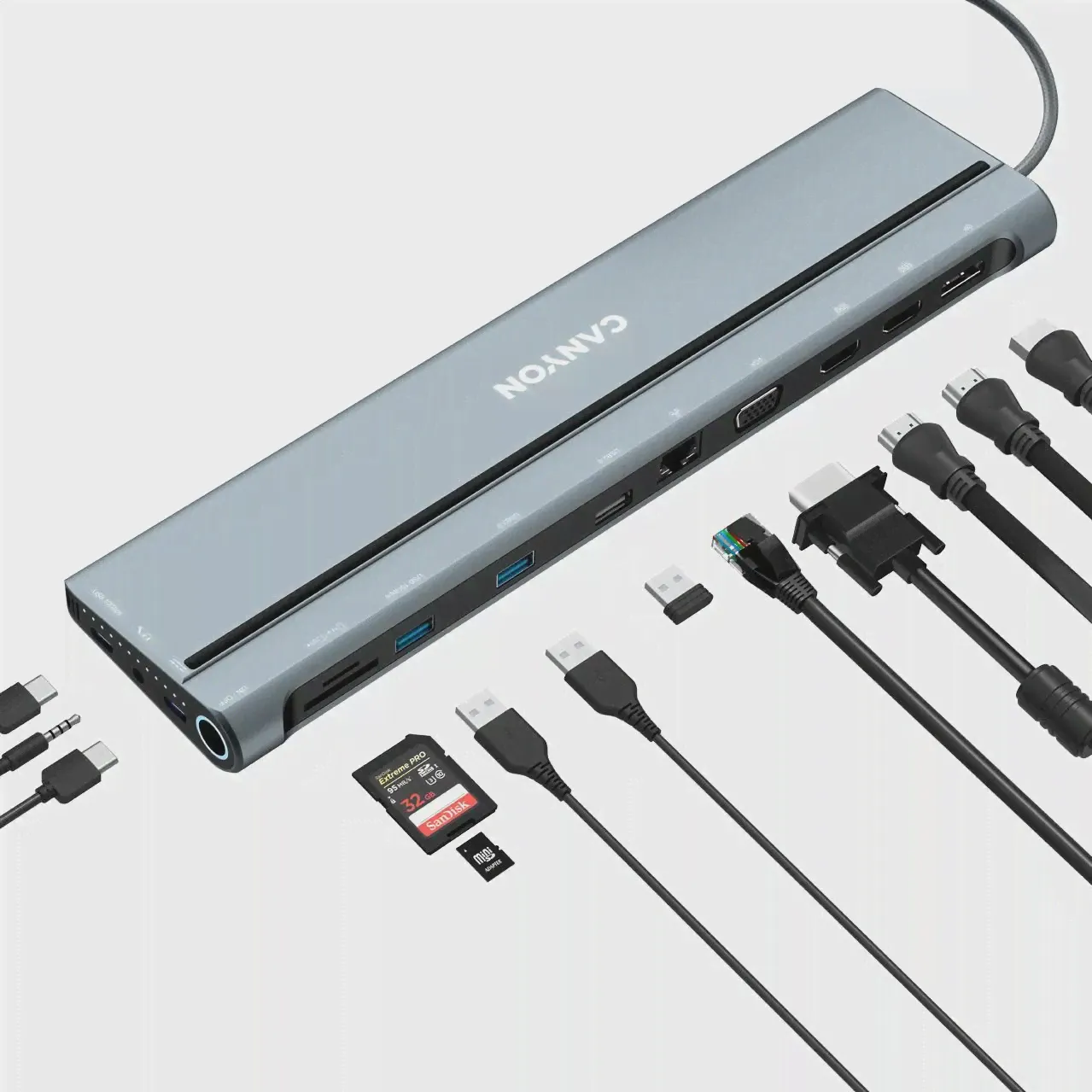 Концентратор USB Type-C Canyon CNS-HDS90 1 х USB 3.0 1 х USB 2.0 RJ-45 HDMI 2 х USB Type-C SD VGA DisplayPort mini-Jack3.5 серый (art.: 3920bee1e2e26)-1