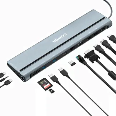 Концентратор USB Type-C Canyon CNS-HDS90 1 х USB 3.0 1 х USB 2.0 RJ-45 HDMI 2 х USB Type-C SD VGA DisplayPort mini-Jack3.5 серый
