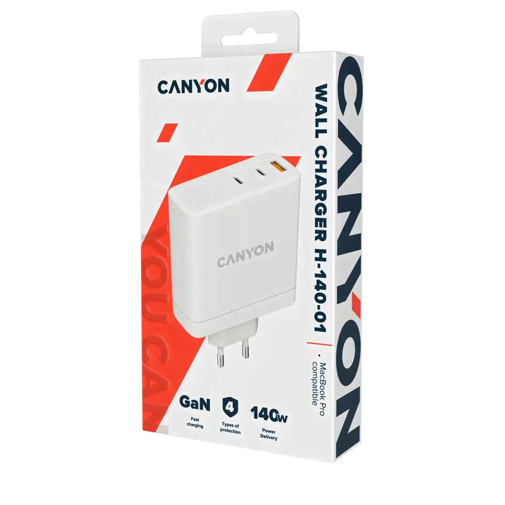 Зарядное устройство сетевое CANYON Wall charger 1 x USB-A, 2 x USB-C 140W, 140Вт, белый-1