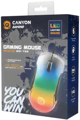 CANYON Braver GM-728, Optical Crystal gaming mouse, Instant 825, ABS material, huanuo 10 million cycle switch, 1.65M TPE cable with magnet ring, weight: 114g, Size: 122.6*66.2*38.2mm, Black